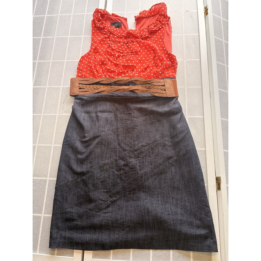 AGB Dress Size 14 Sleeveless Denim Bottom Orange ruffle Top Belted Quirky
